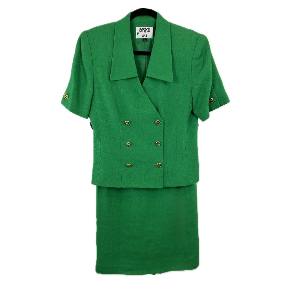 Kasper 2-piece Green Skirt Suit Set with Short Sleeves. Size 8